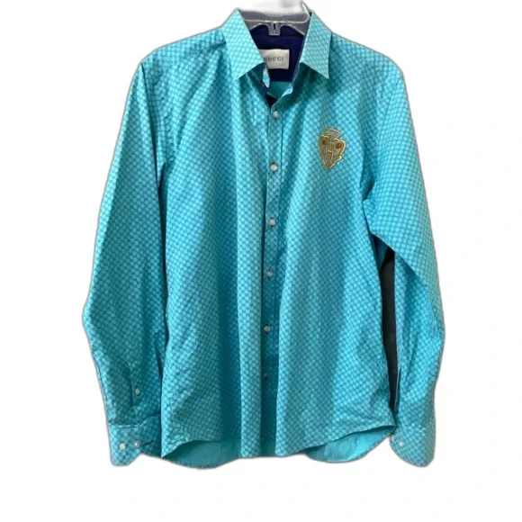 GUCCI Men’s blue Long Sleeve Button Up Embroidered Cotton Shirt Size S Italy - Picture 1 of 14